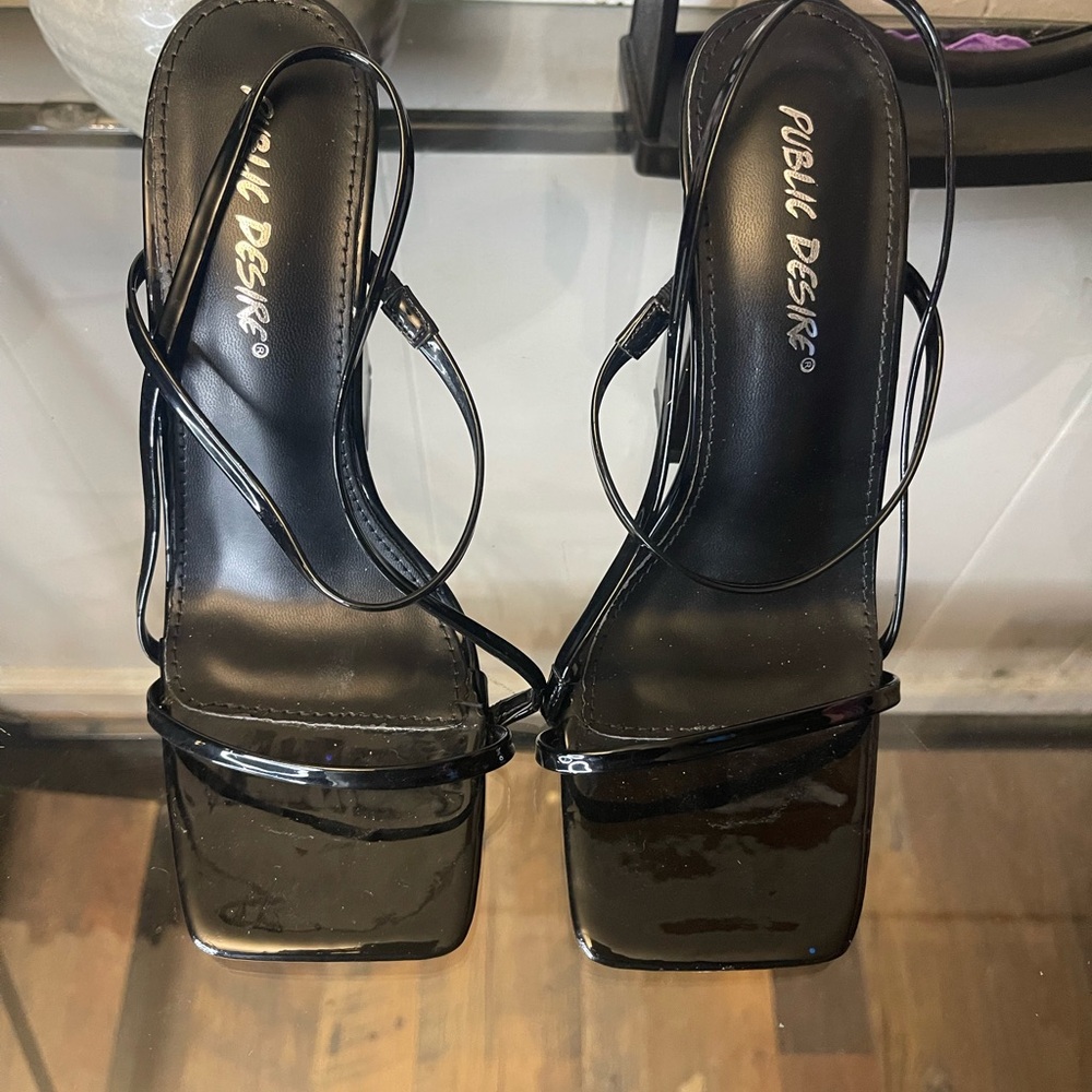 Public Desire Glossy Black Square Toe Heels